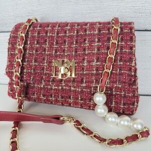 Badgley‎ Mischka Woven Tweed Messenger Bag Gold Red Coquette Pearls Chain